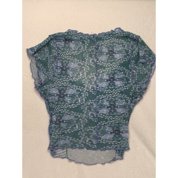 Free People Runched Scoop Neck Teal Green Floral Top Sz S NWOT - Picture 2 of 6